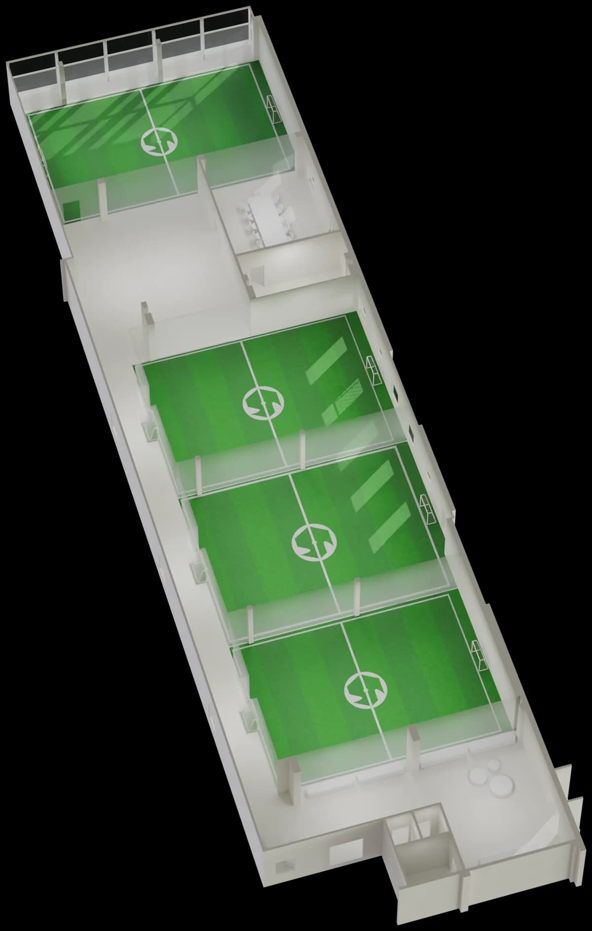 3D-visning av Smallpitch-anlegget med fire baner, møterom og lounge